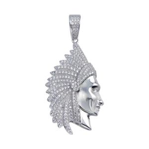 Sterling Silver 925 Rhodium Plated CZ Native American Chief Hip Hop Pendant